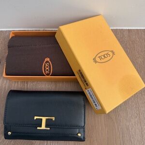 Tod's Black Leather Wallet with Gold T Hardware and Box